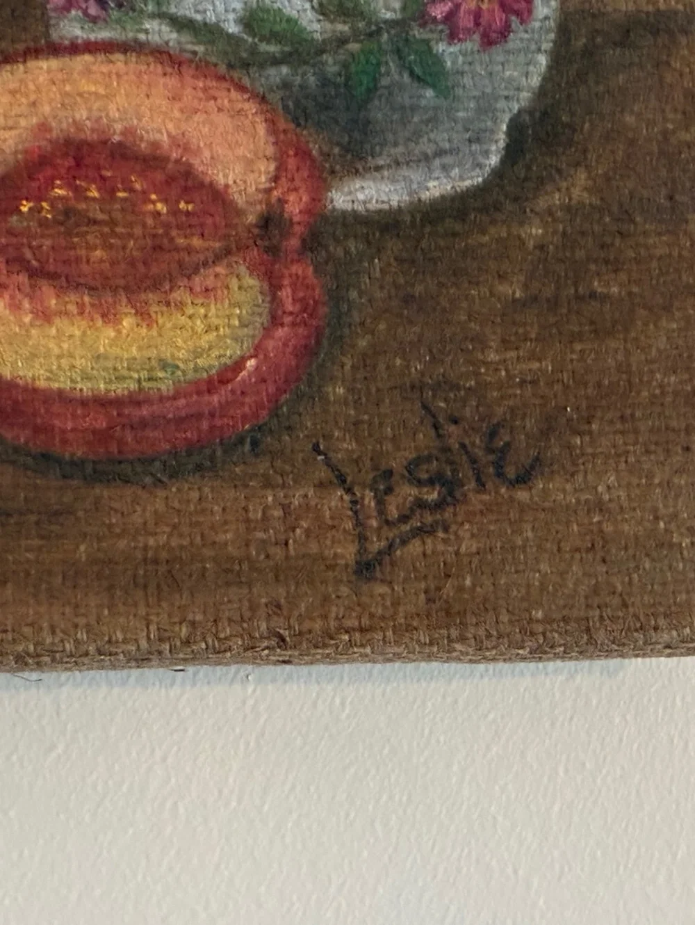 Still Life Painting of Peaches pitcher on burlap
